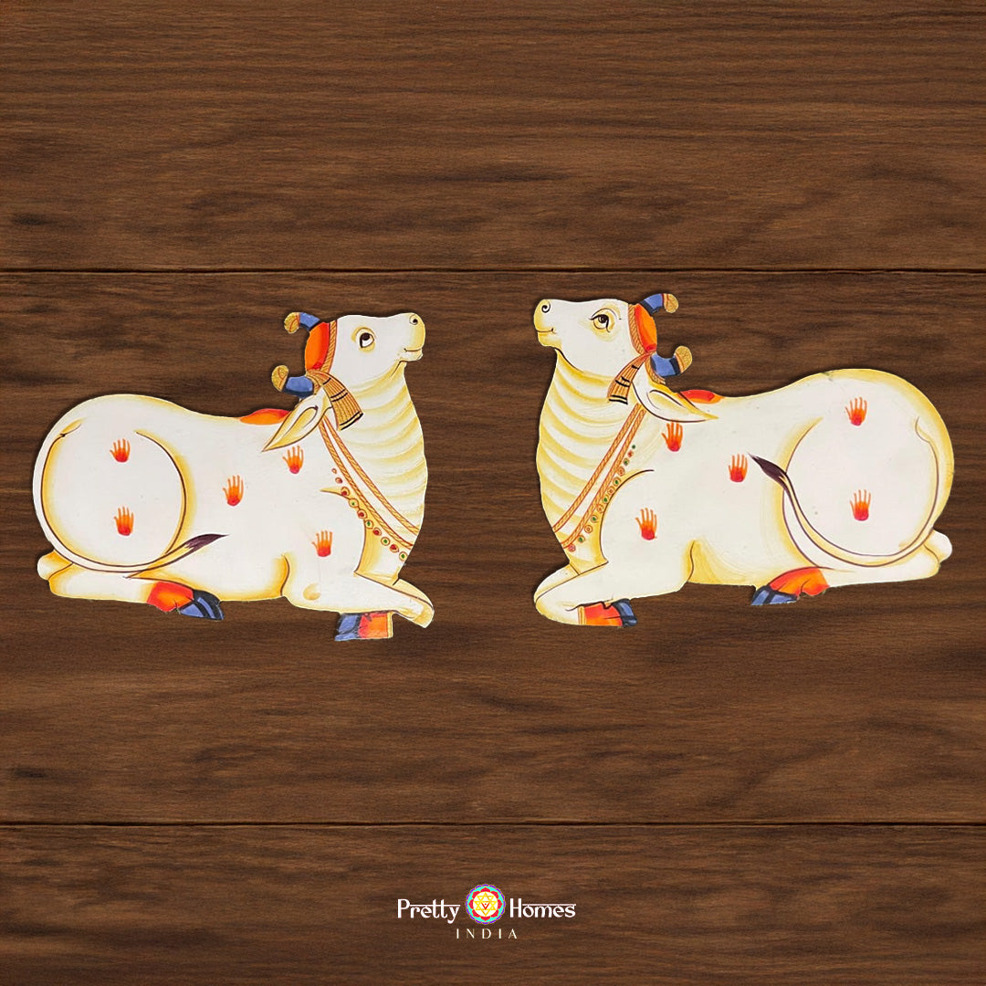 set of 2 pichwai cow mdf cutouts sitting posture traditional decor accents