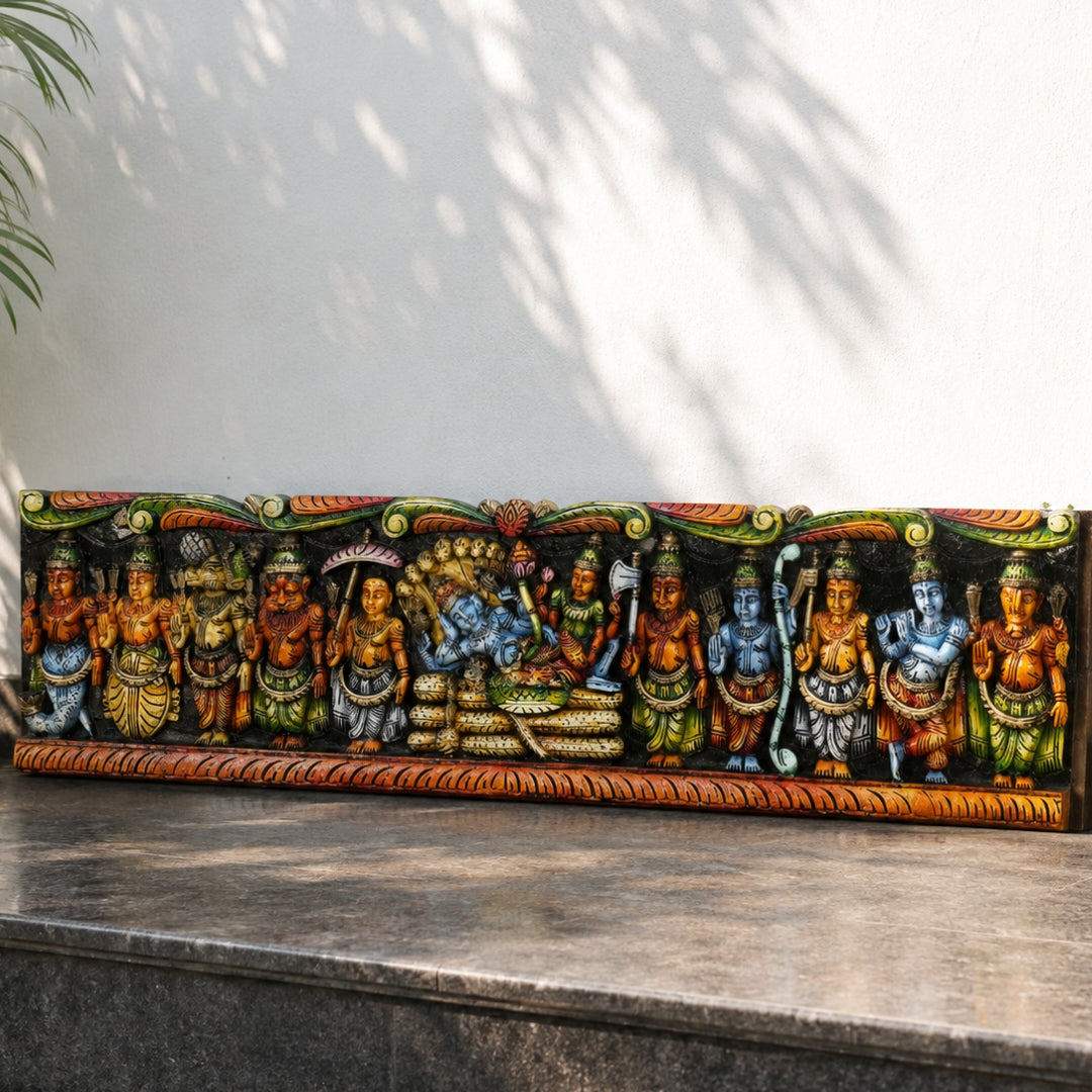 Dasavatar Horizontal Panel with Resting Vishnu Handcarved in Vagai