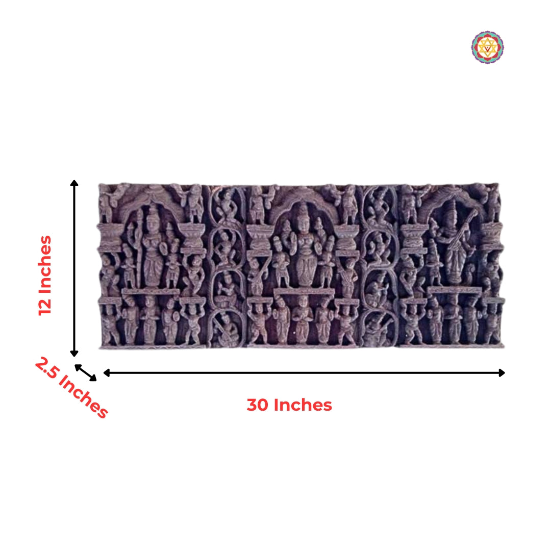 Detailed wood carving of Hindu trinity – spiritual home decor for pooja or living room walls.