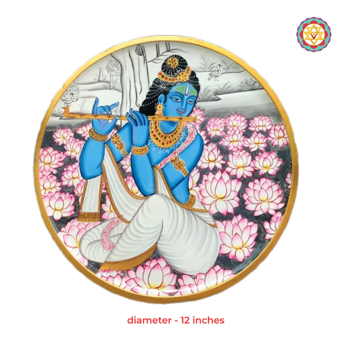Flute Krishna Pichwai decorative wall plate surrounded by sacred lotus design traditional art