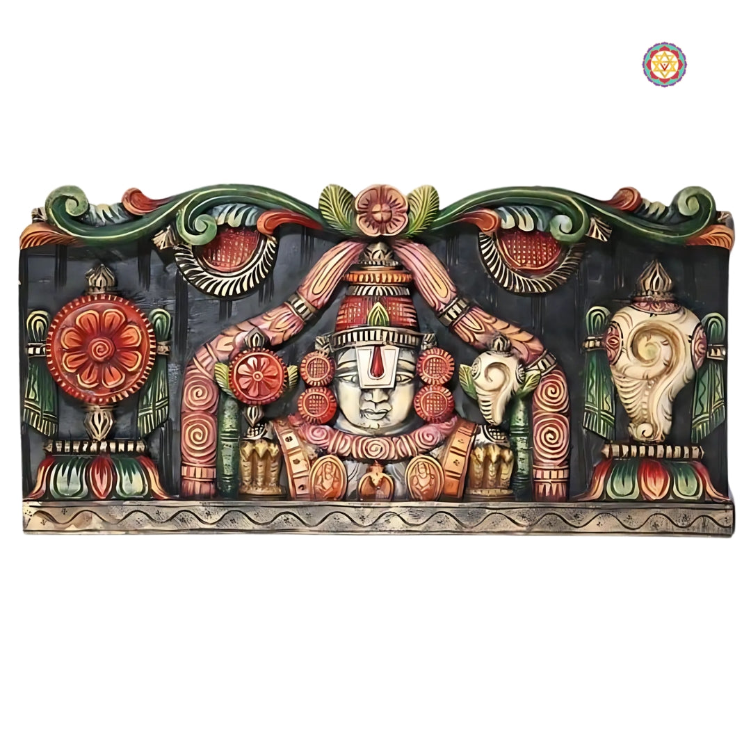 Traditional Balaji wall decor — carved wooden Tirupati temple art.