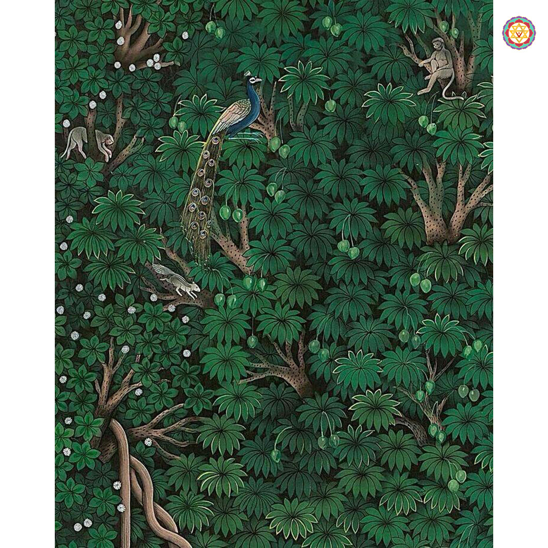 Detailed pichwai style print of dense green foliage with peacock and monkeys Indian miniature art