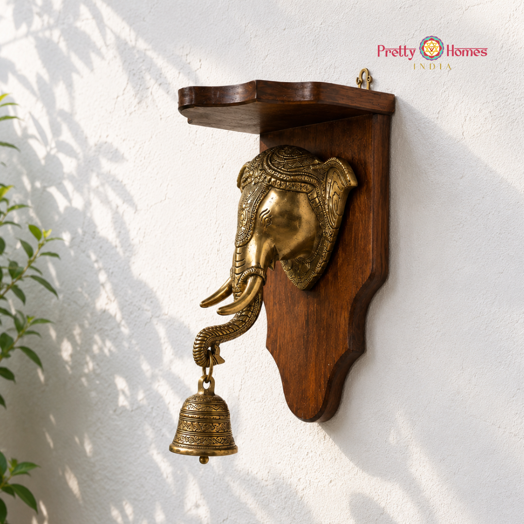 Brass & Wood Elephant Head Wall Bracket with Bell (Single)