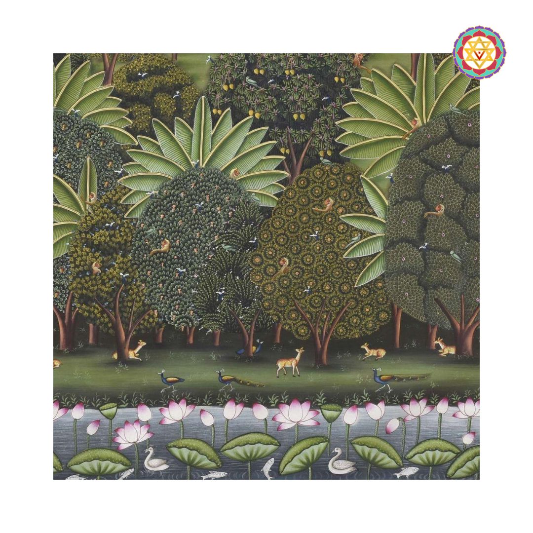 Artistic detail of blooming lotuses and lush foliage in Van Vihar jungle pichwai painting.