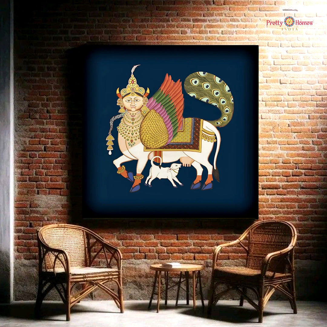 Pichwai textile art displaying lotuses and peacocks symbolizing beauty, purity, and spirituality