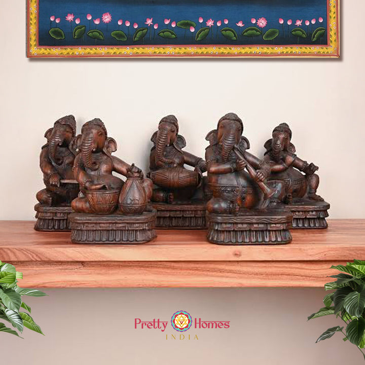 Woodcarved Ganesha Statue/Sculpture ,Playing Musical instruments (Single)