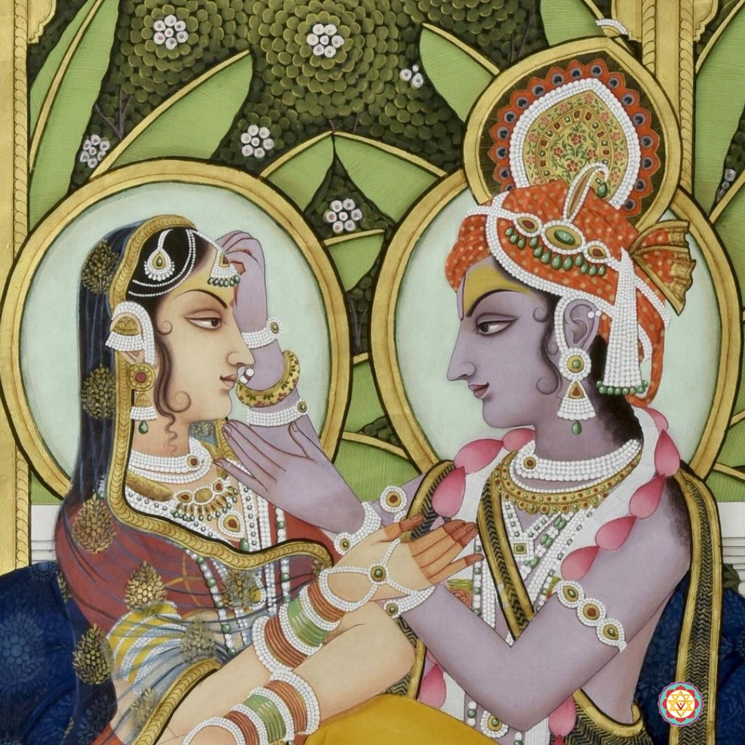Front view of Radha Krishna Pichwai painting — vibrant colors and gold highlights, devotional handmade art