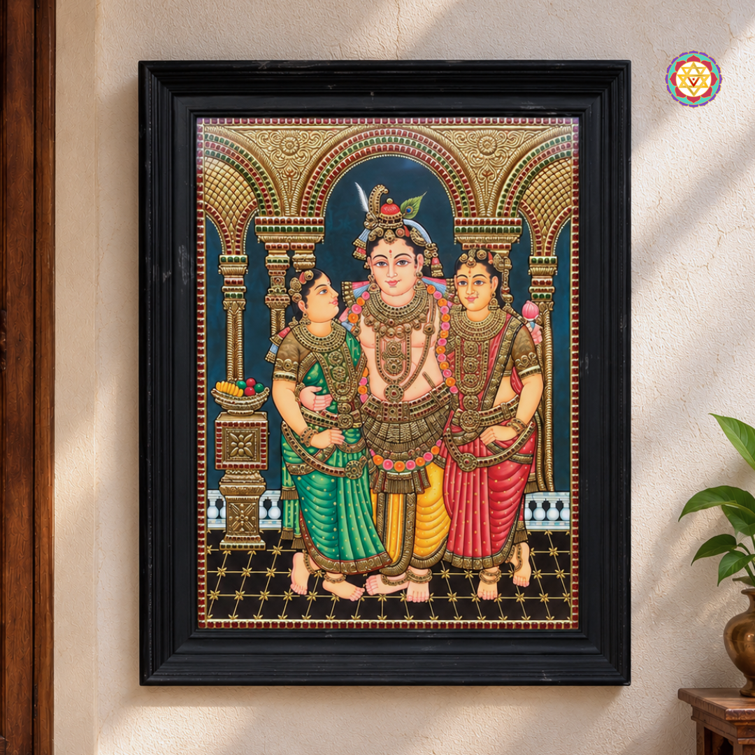 Lord Krishna with Consorts Rukmini & Satyabhama – Tanjore Painting