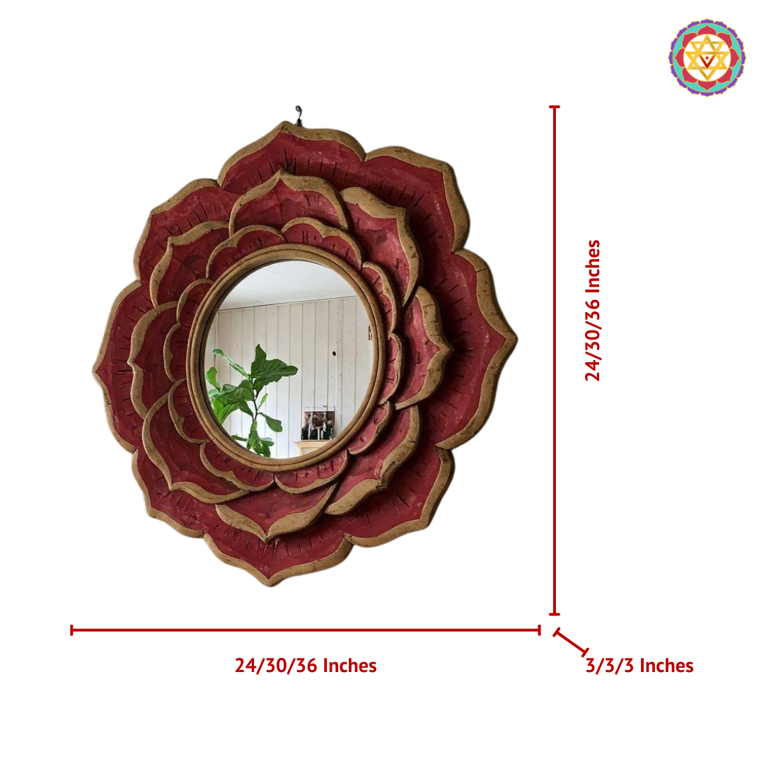 Closeup detailing of lotus petal carving on wooden mirror frame