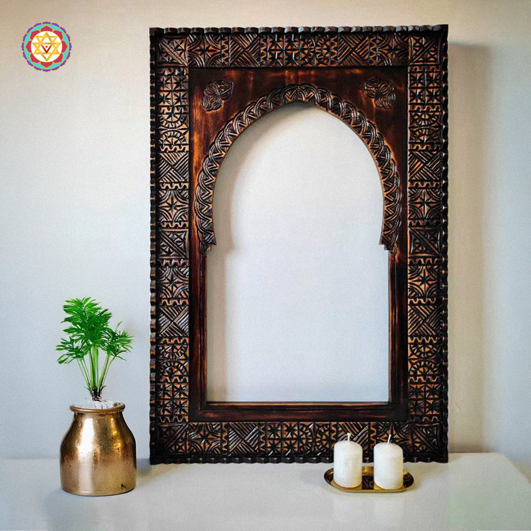 Dark brown hand-carved wooden mirror frame in Moroccan style