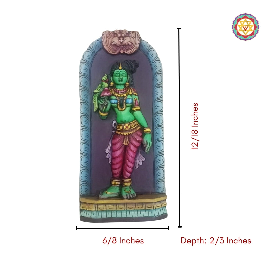 Carved wood wall hanging of Goddess Meenakshi with diya