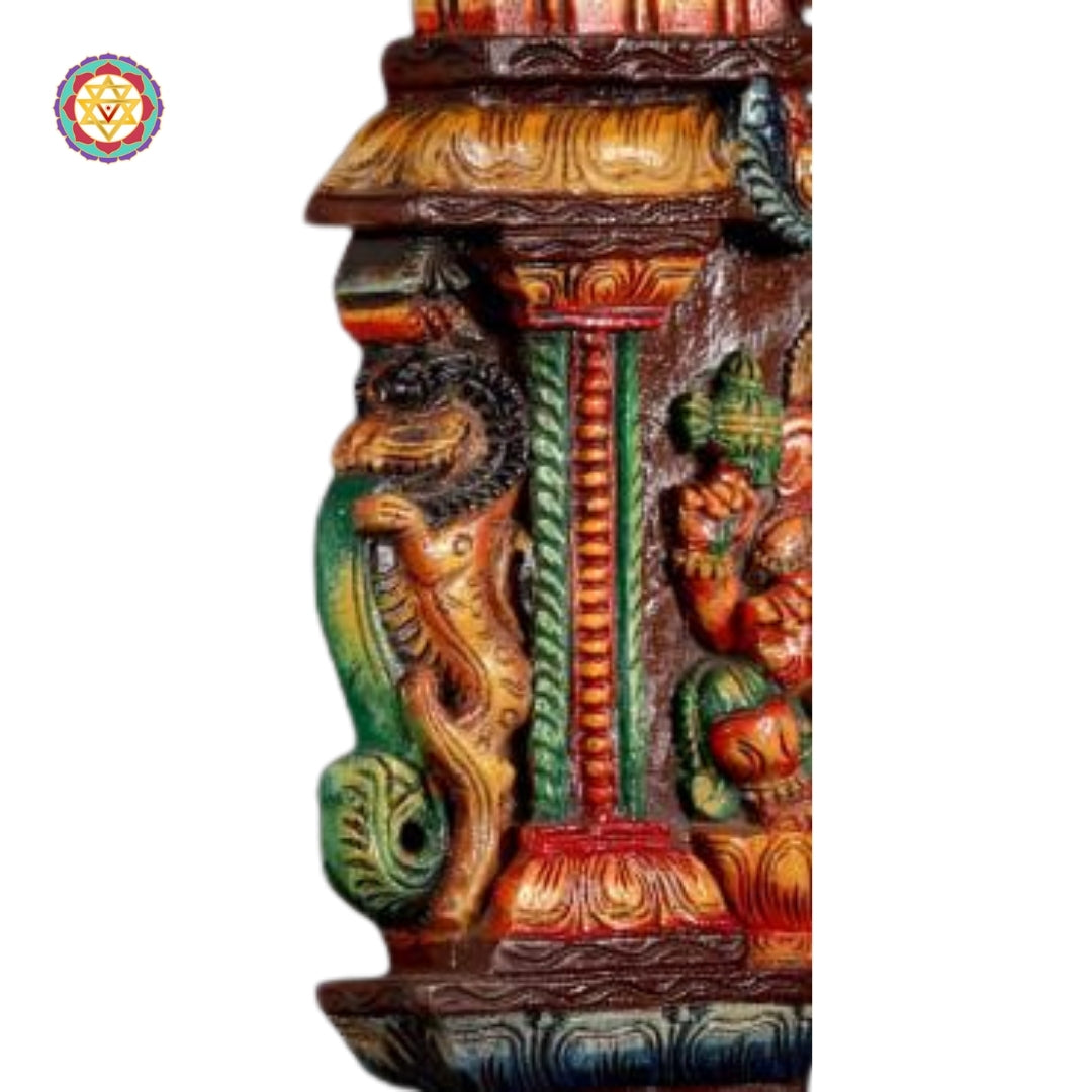 Close-up of yalis and ornamental carving on kavadi panel