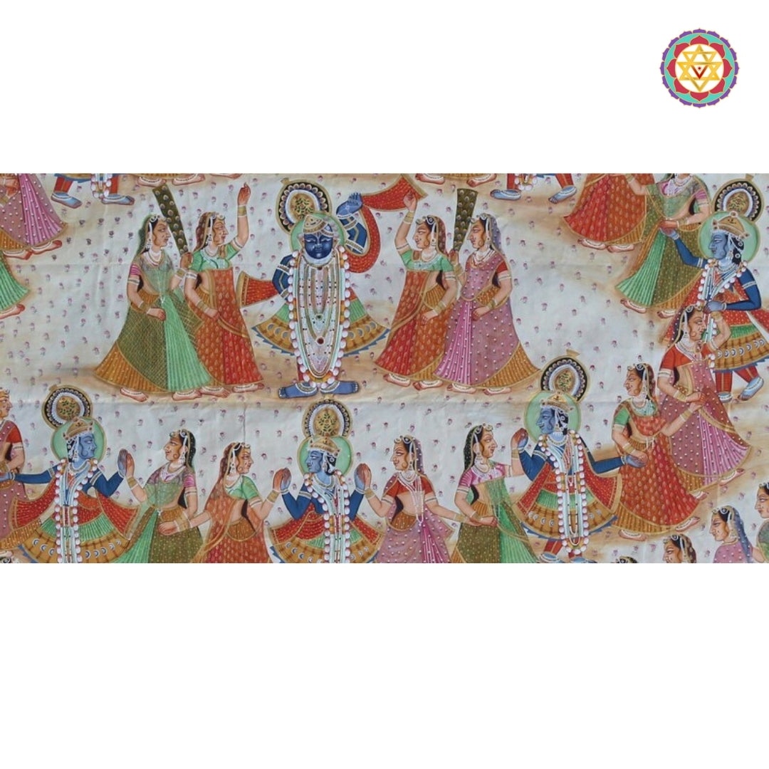 Detailed Raas Leela scene in Pichwai style with Krishna multiplied across the circle of gopikas.
