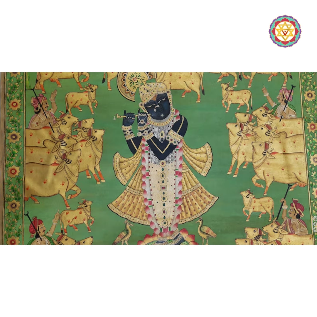  A fuller view of Krishna surrounded by cows , with Krishna playing his flute at the center. He is standing in a divine pose.