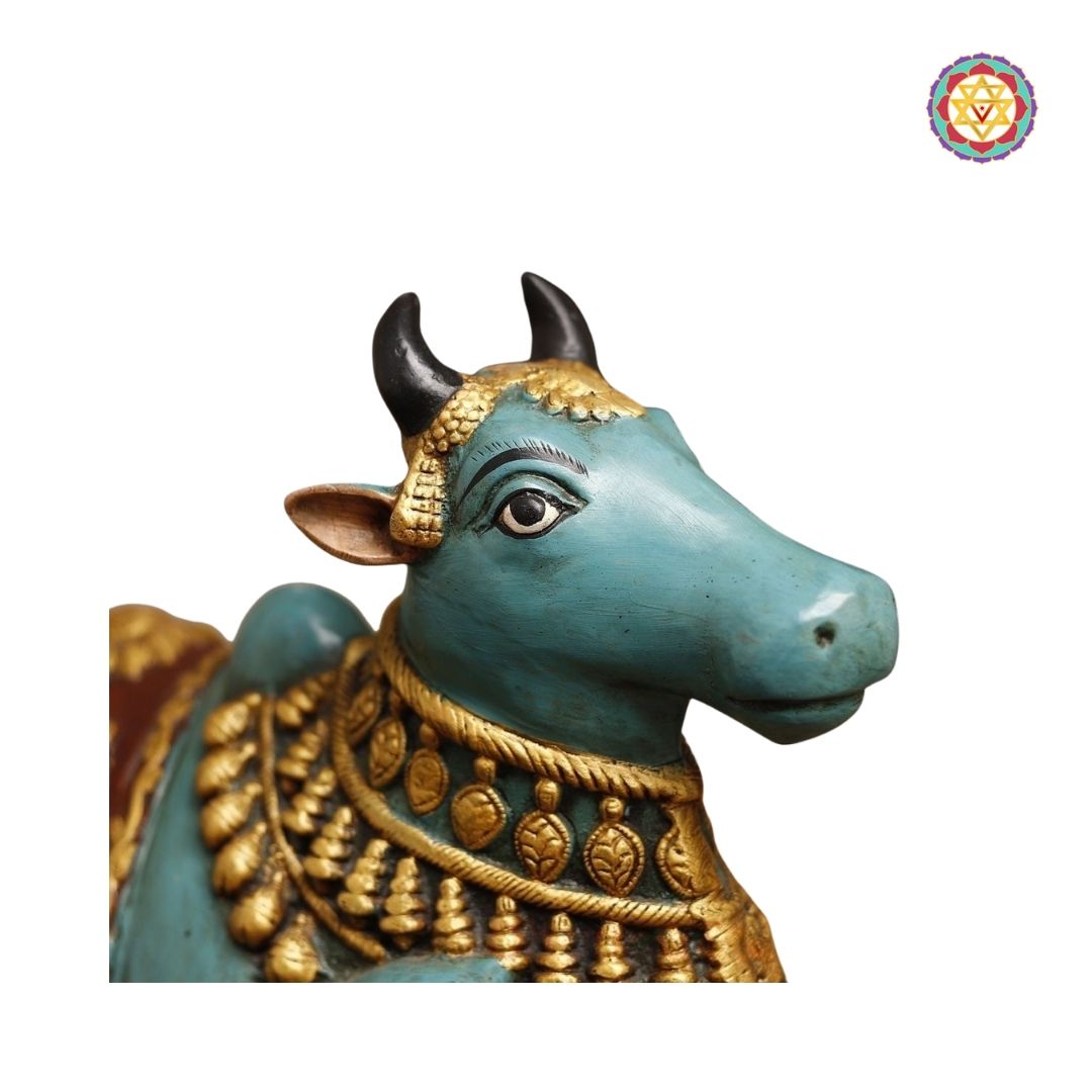 Brass Nandi Idol – The Sacred Blue Bull with Golden Accents, 11 Inch | Spiritual & Decorative Statue