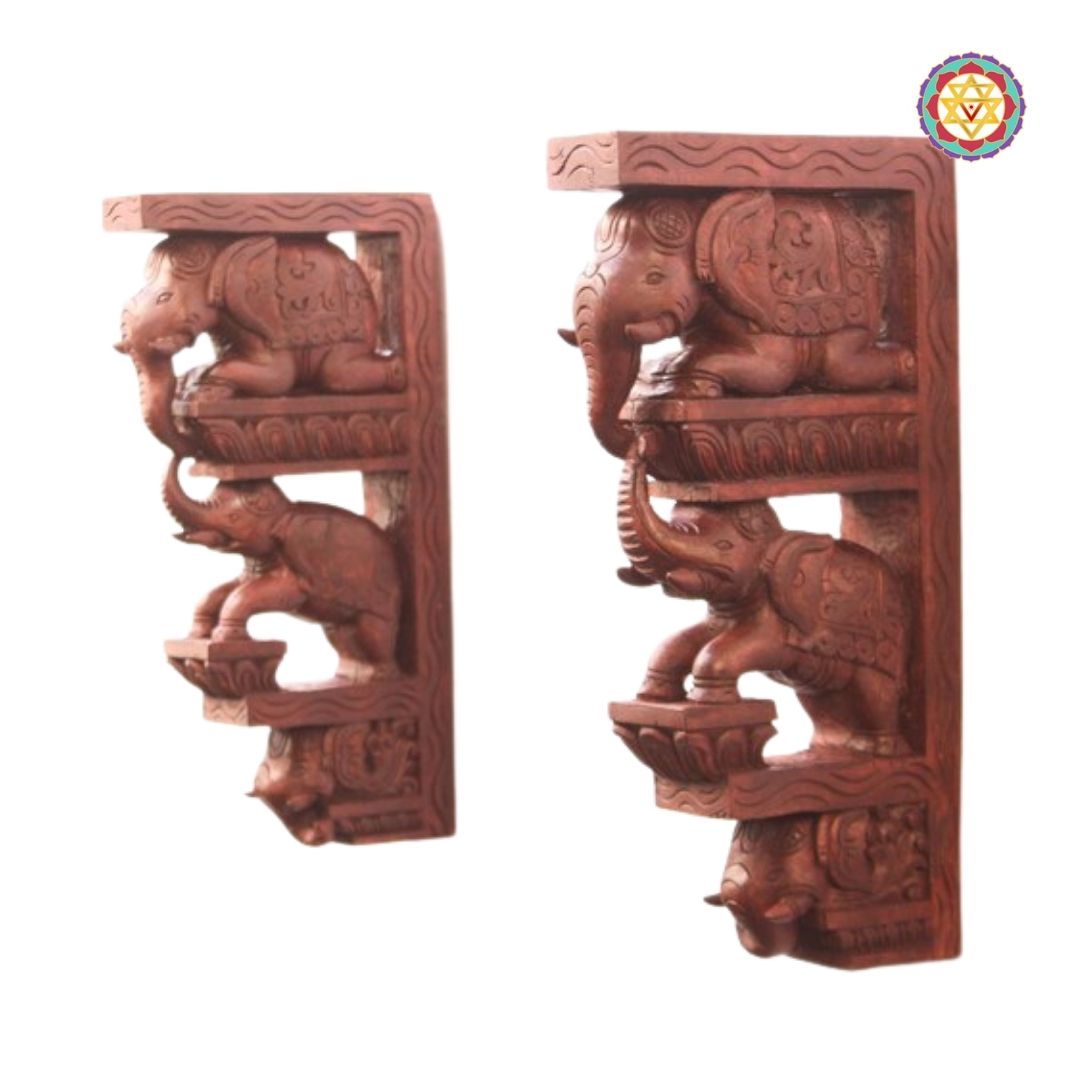 Artisan-carved mother and baby elephant wall décor bracket