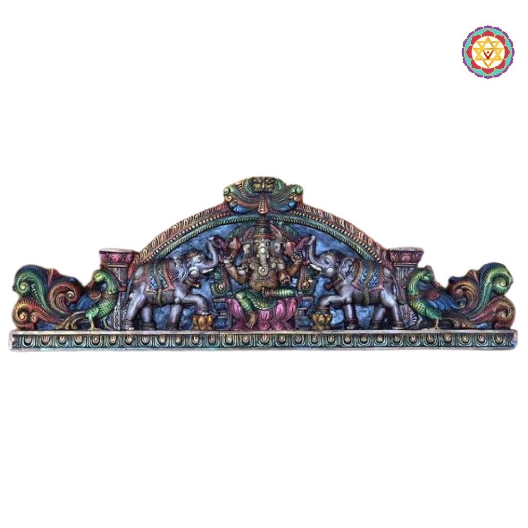 Decorative wall art with intricate designs and colors on a white background. Close-up of Yali and parrot detail in Ganesha panel.