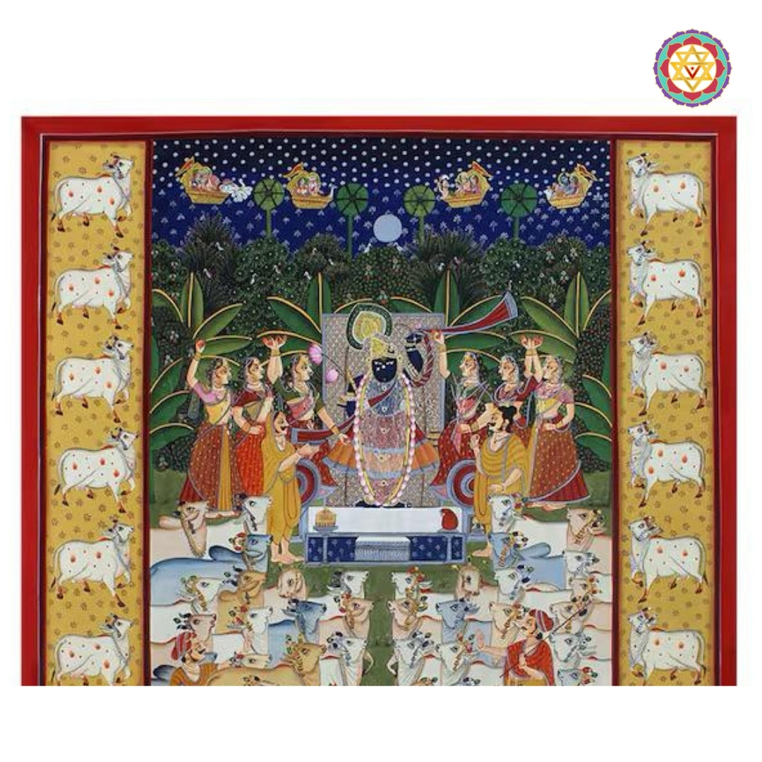 Shreenathji surrounded by gopikas in a moonlit celebration, hand-painted in pichwai painting of Rajasthan style.
