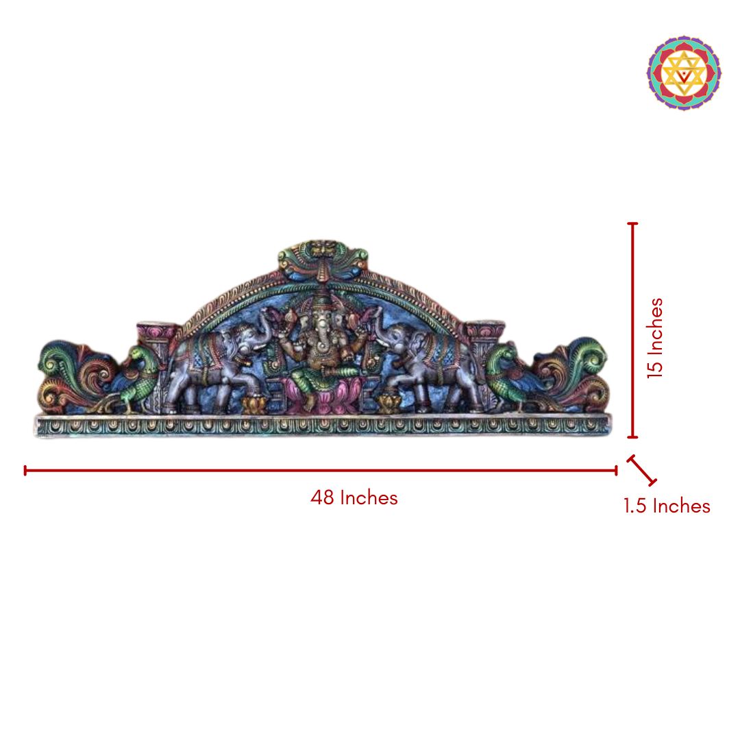 Decorative wall art with measurements on a white background. Dimension image of 48-inch horizontal Ganesha wall panel.