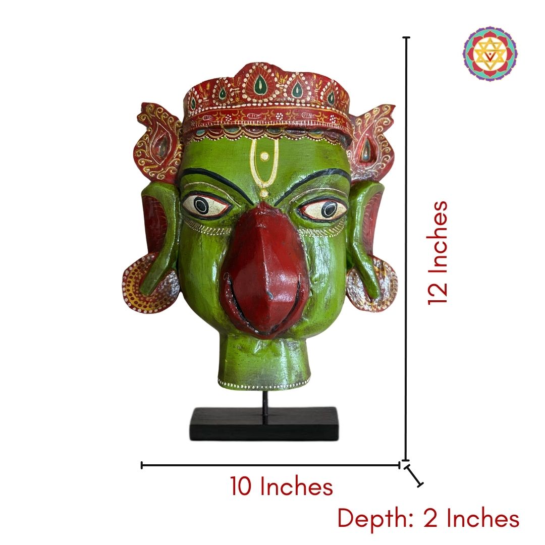 Close-up of Garuda wooden face mask with dimentions