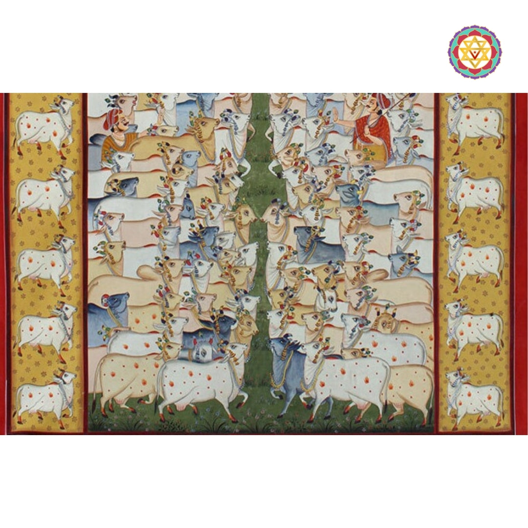 White cow motifs lining the outer edges of the Sharad Purnima painting.