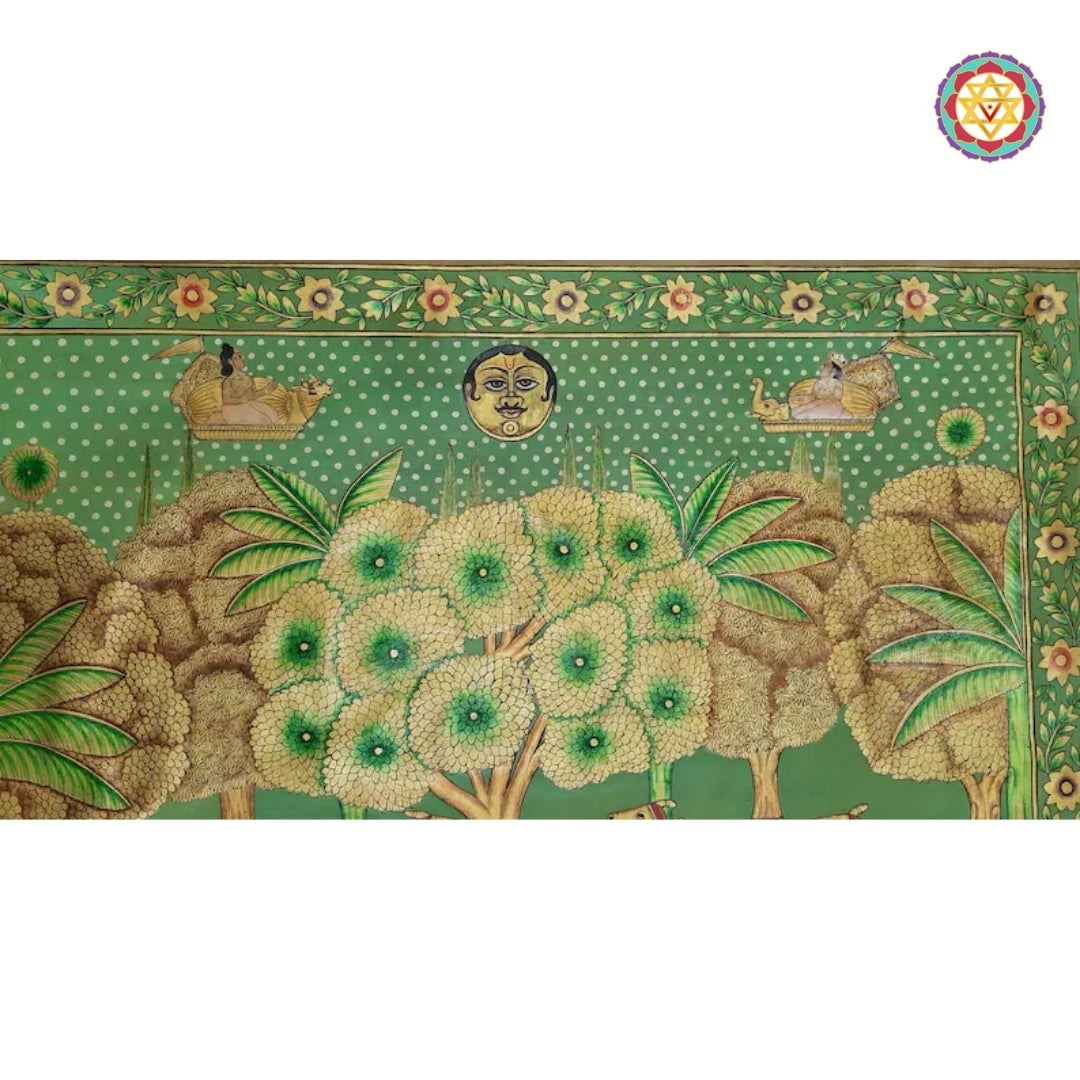 A stylized forest or garden, with trees in bloom and a central sun or moon face above.