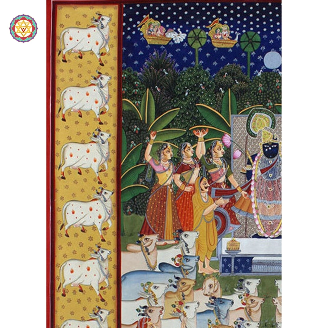 Moon and starry sky detail in traditional Sharad Purnima pichwai art.
