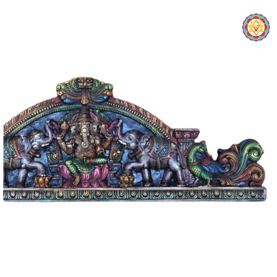 Decorative wall piece with Ganesha and elephants on a white background. Side profile showing carving depth and detailing

