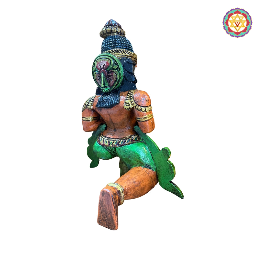 Angled view of Hanuman wooden sculpture on pedestal — sacred Hindu deity art for home altar or temple display