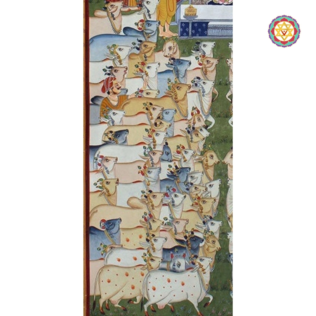 Gopikas and musicians painted in rhythmic procession beside Shreenathji.