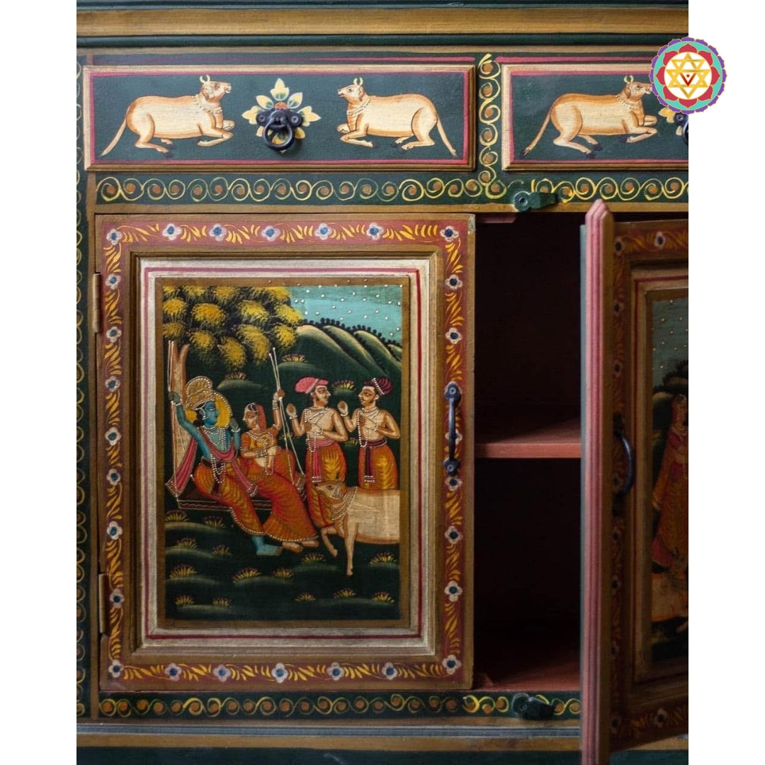 Inner view of hand-painted pichwai console with visible pichwai painting of Krishna and gopikas.