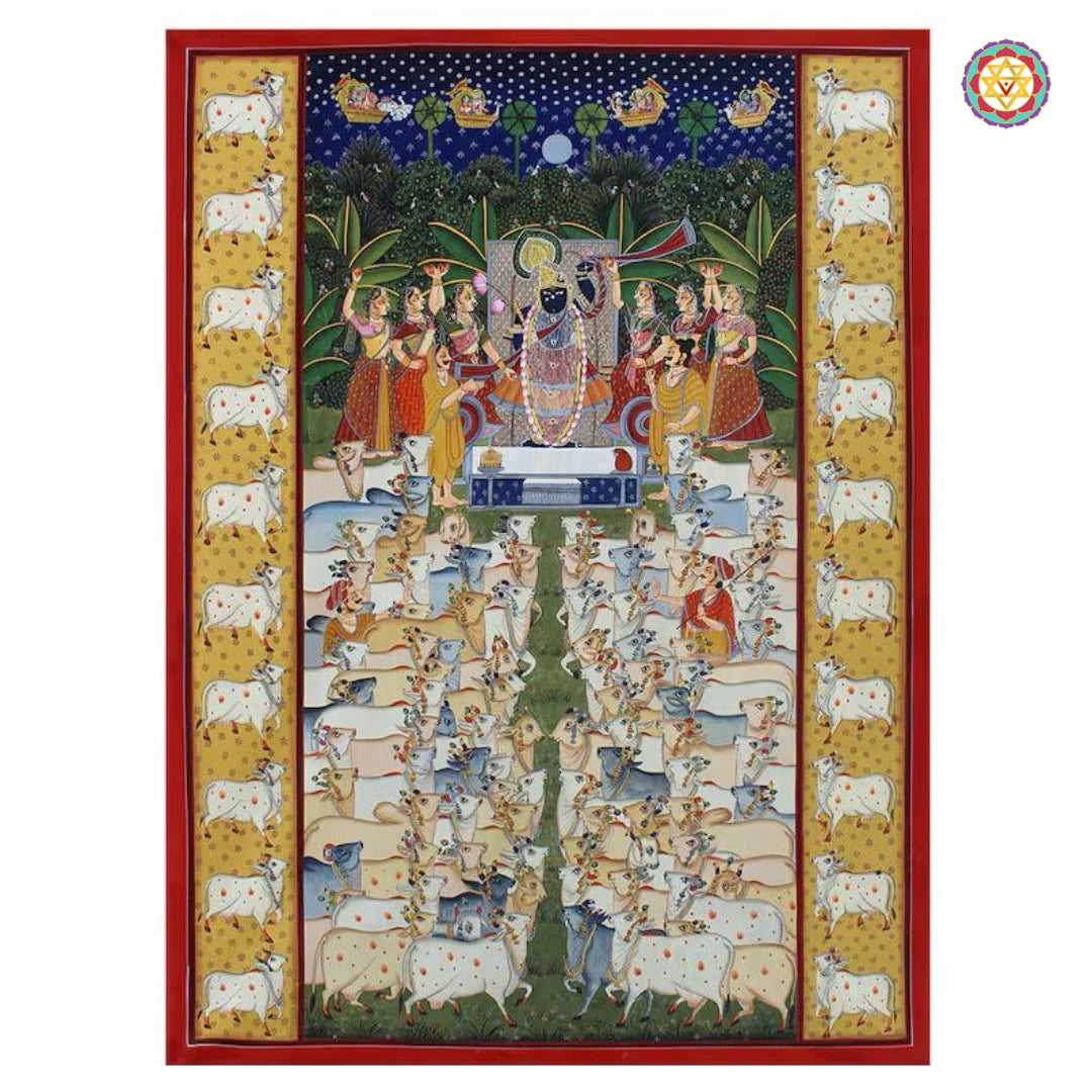 Complete view of the artwork with red floral border and spiritual elements in symmetrical layout.