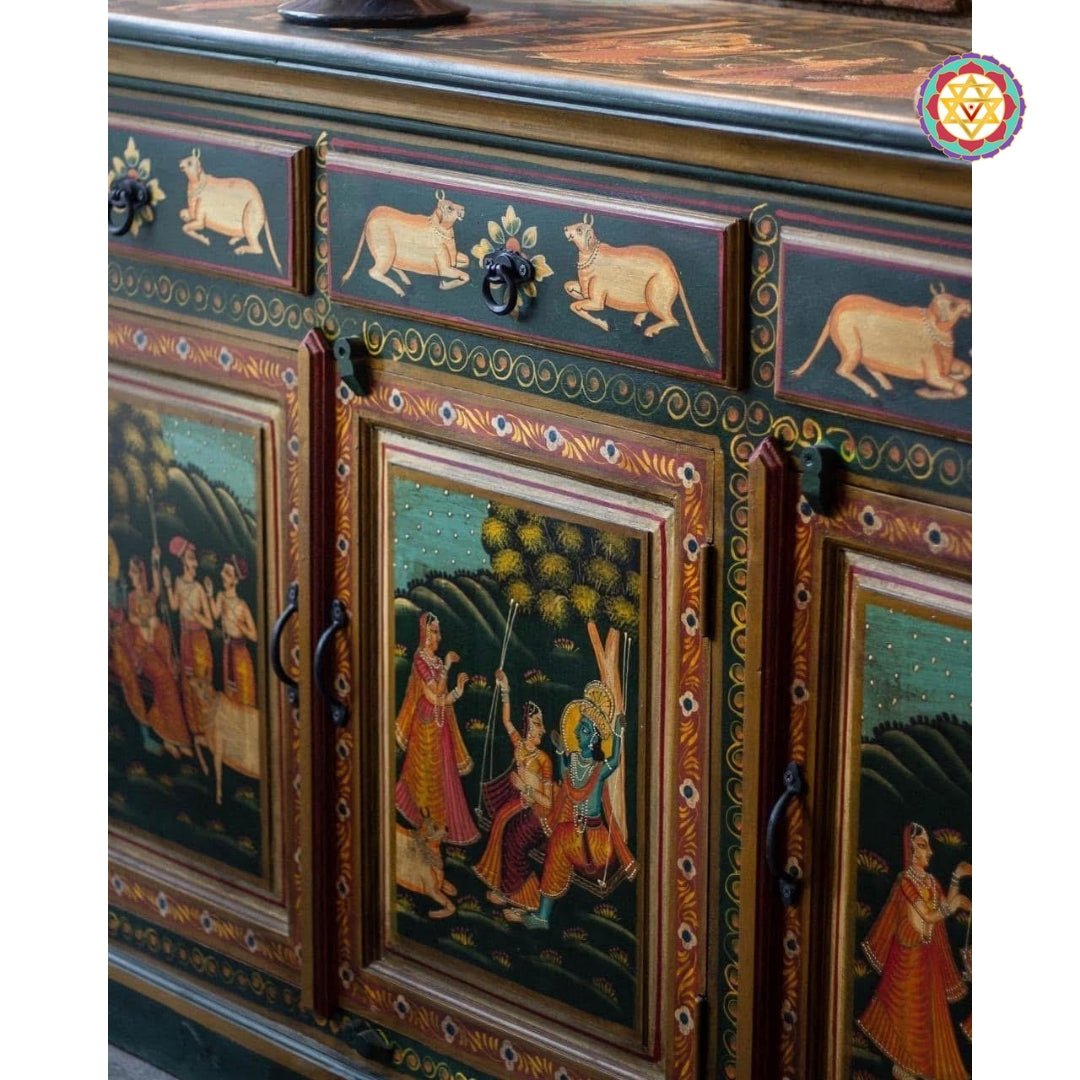 Close-up of radha krishna pichwai paintings on cabinet door, inspired by pichwai painting of Rajasthan.