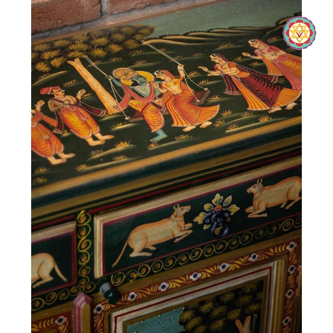 Full flatlay of hand-painted pichwai console with lotus pichwai painting borders and pichwai artwork on all panels.