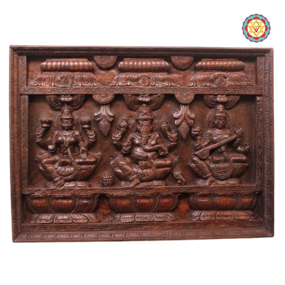 24-Inch Intricately Carved Ganesha, Lakshmi & Saraswati Panel with Gopuram Design – Wall Mountable Art