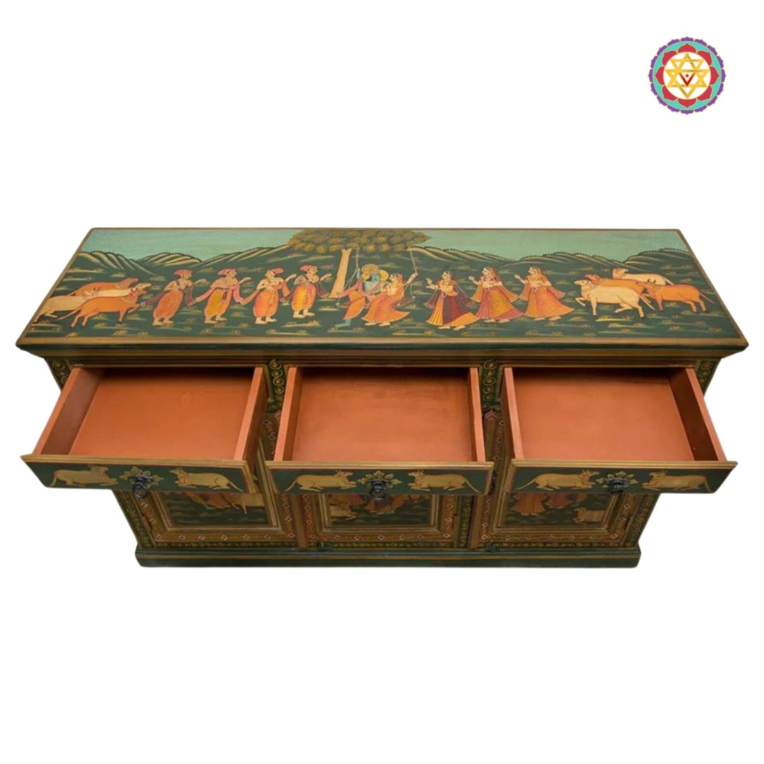 Overhead view of pichwai console with drawer storage, hand-painted in traditional pichwai painting style.