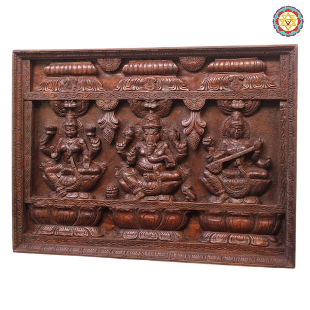 24-Inch Intricately Carved Ganesha, Lakshmi & Saraswati Panel with Gopuram Design – Wall Mountable Art