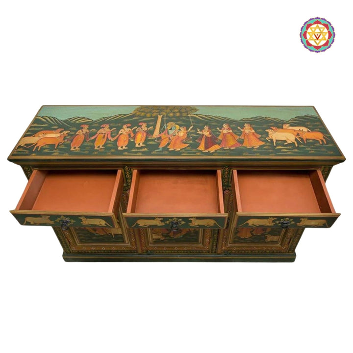 Overhead view of pichwai console with drawer storage, hand-painted in traditional pichwai painting style.
