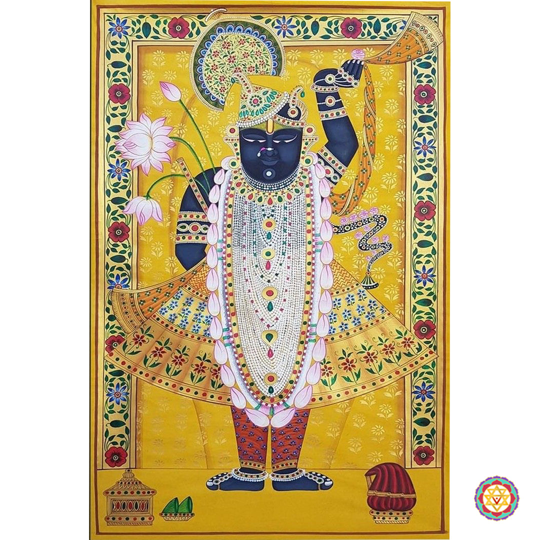 Wide-format Shreenathji Pichwai showing entire temple composition and floral borders — traditional Nathdwara art.