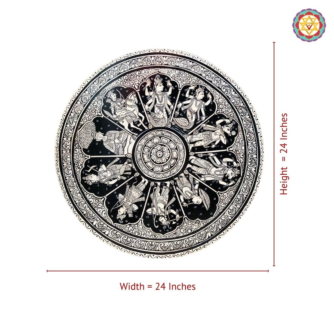 Close up of Dasavatara pattachitra wall plate showing intricate line work