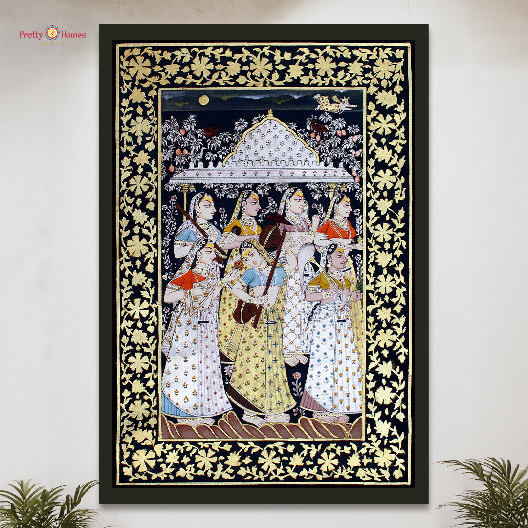 handpainted pichwai musical gopikas with floral border detail image focusing on floral border motifs and melodic figure poses