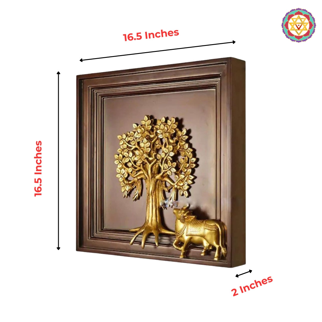 Brass Tree of Life with Cow Wall Hanging, Framed on wood.