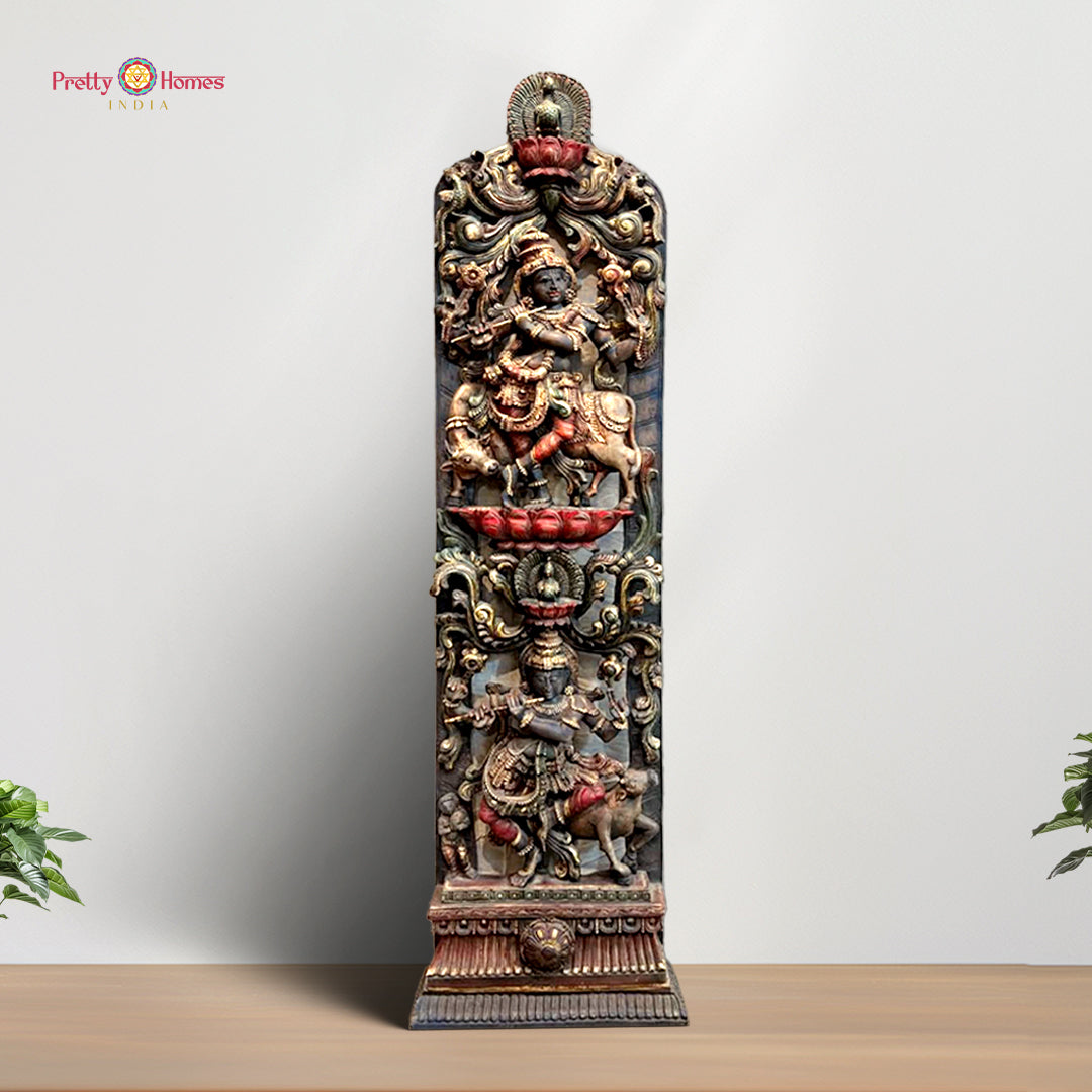 Vertical wooden panel of Krishna Lilas in multicolour finish
