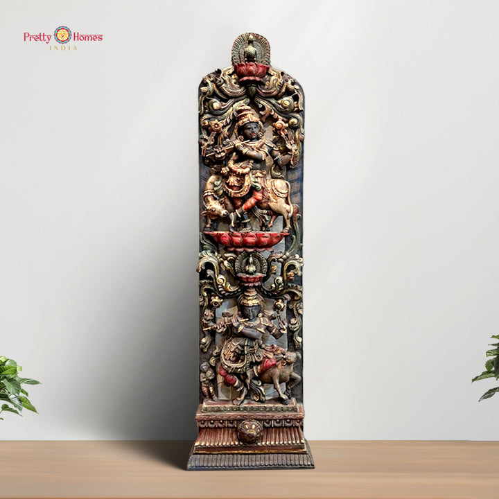 Vertical wooden panel of Krishna Lilas in multicolour finish
