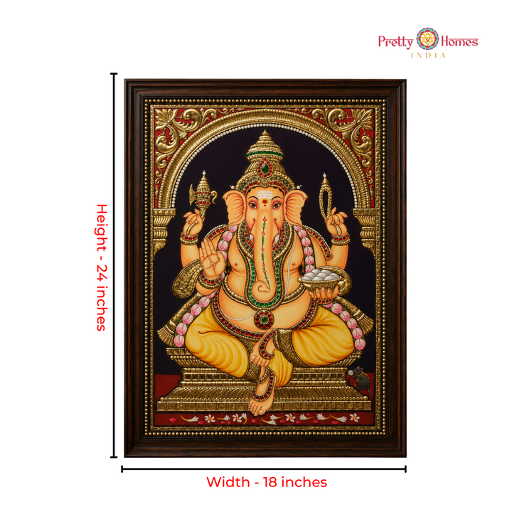 Aesthetic Lord Ganesha with Chettinad Pillars Tanjore in Real Gold