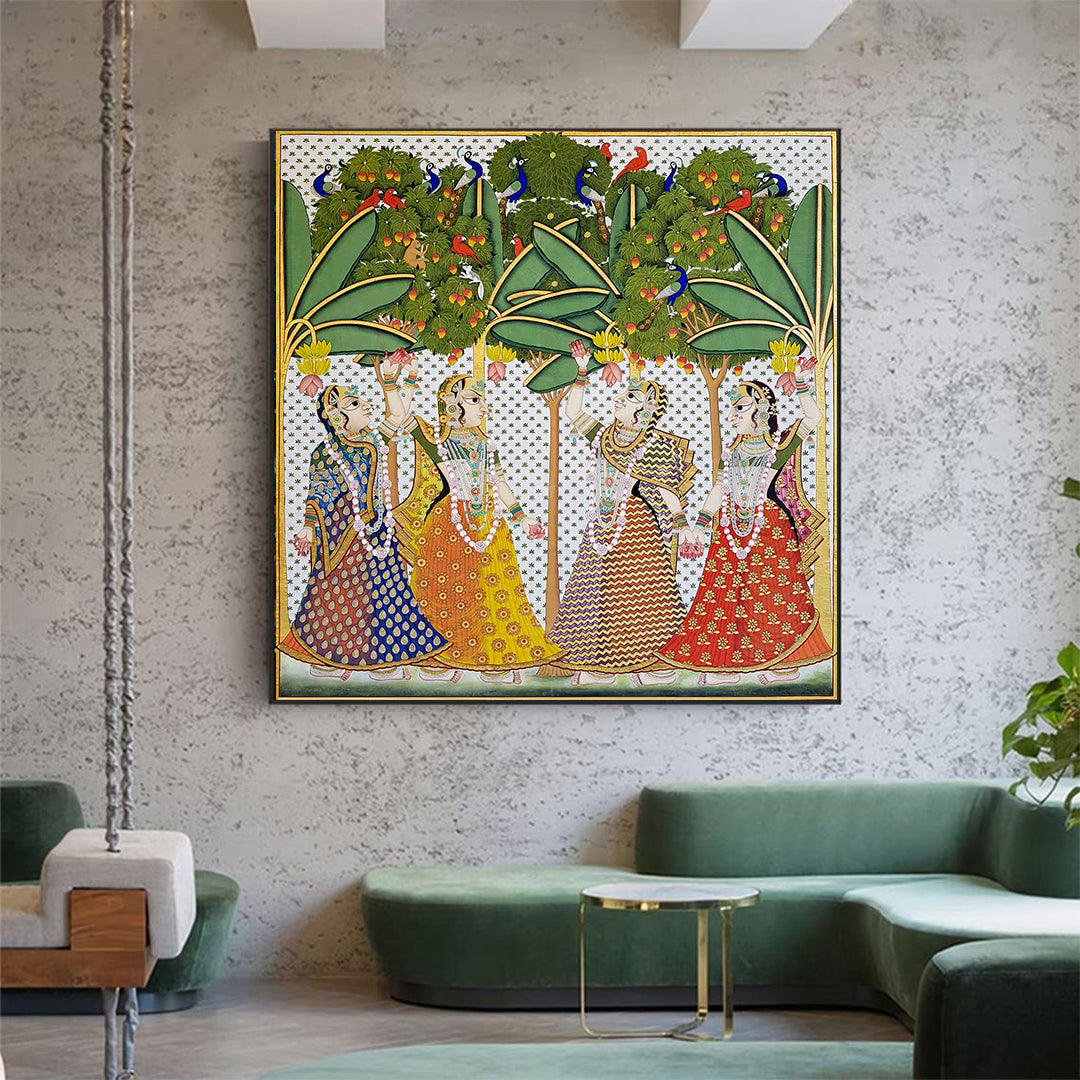 Hand-painted Pichwai of Gopikas in the forest — natural pigments on cloth, depicting divine serenity and devotion