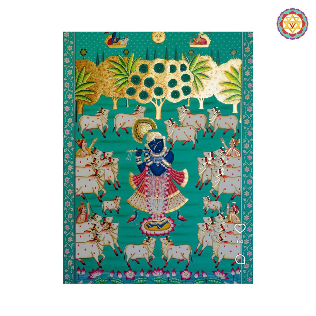 detailed view capturing krishna motifs and cow expressions