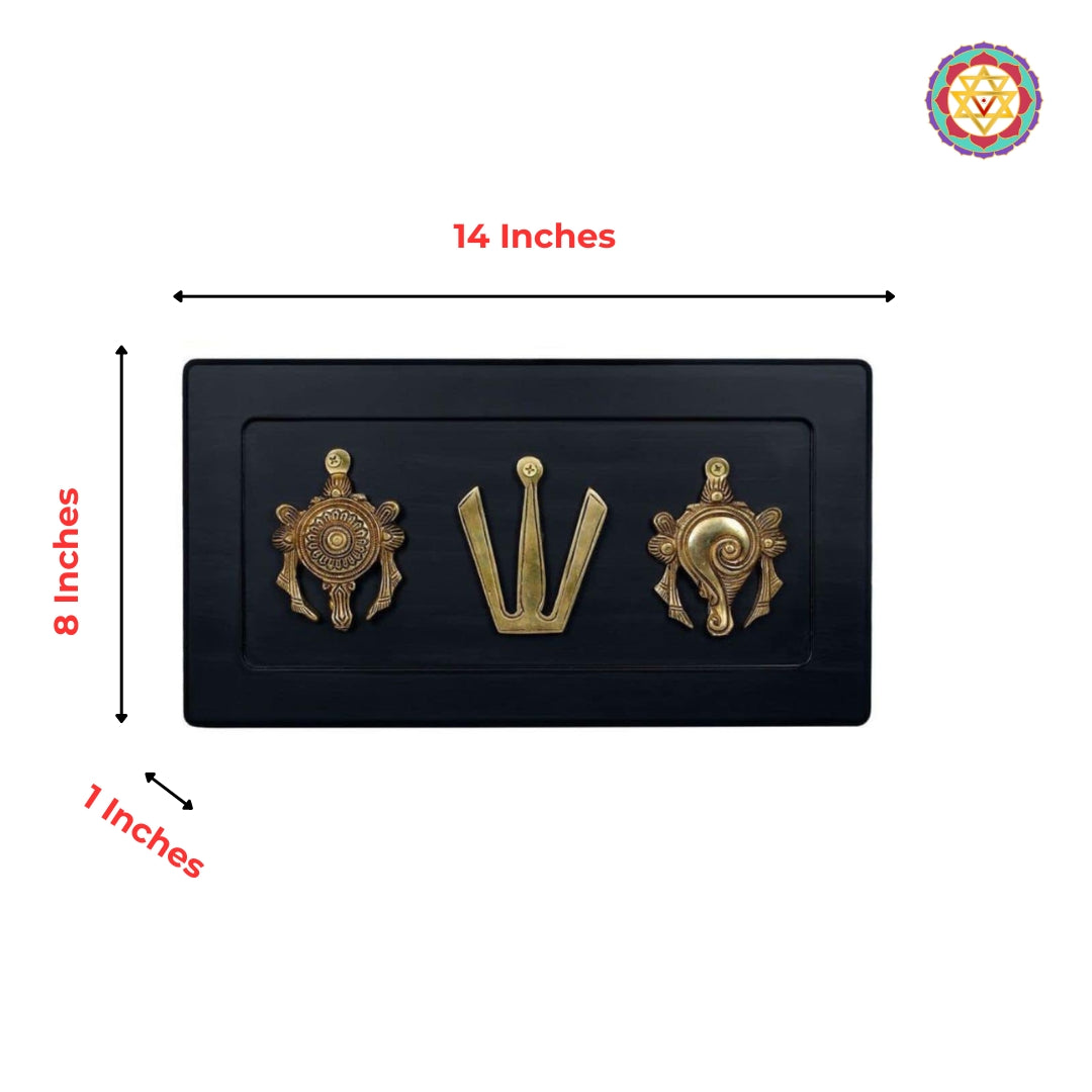 Wooden wall frame with brass Vishnu symbols — Indian spiritual décor