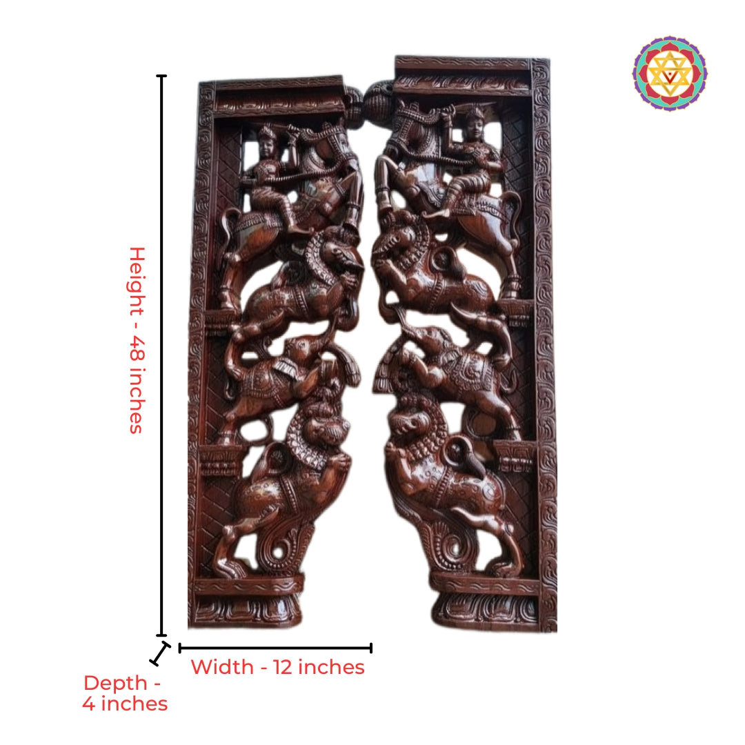 Traditional horse warrior wall bracket sculpture with detailed temple-style carving