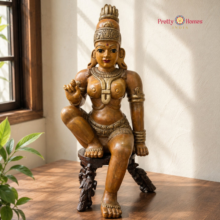 Woodcarved Parvati in Lalita Roop Sculpture – Handcrafted Goddess Statue
